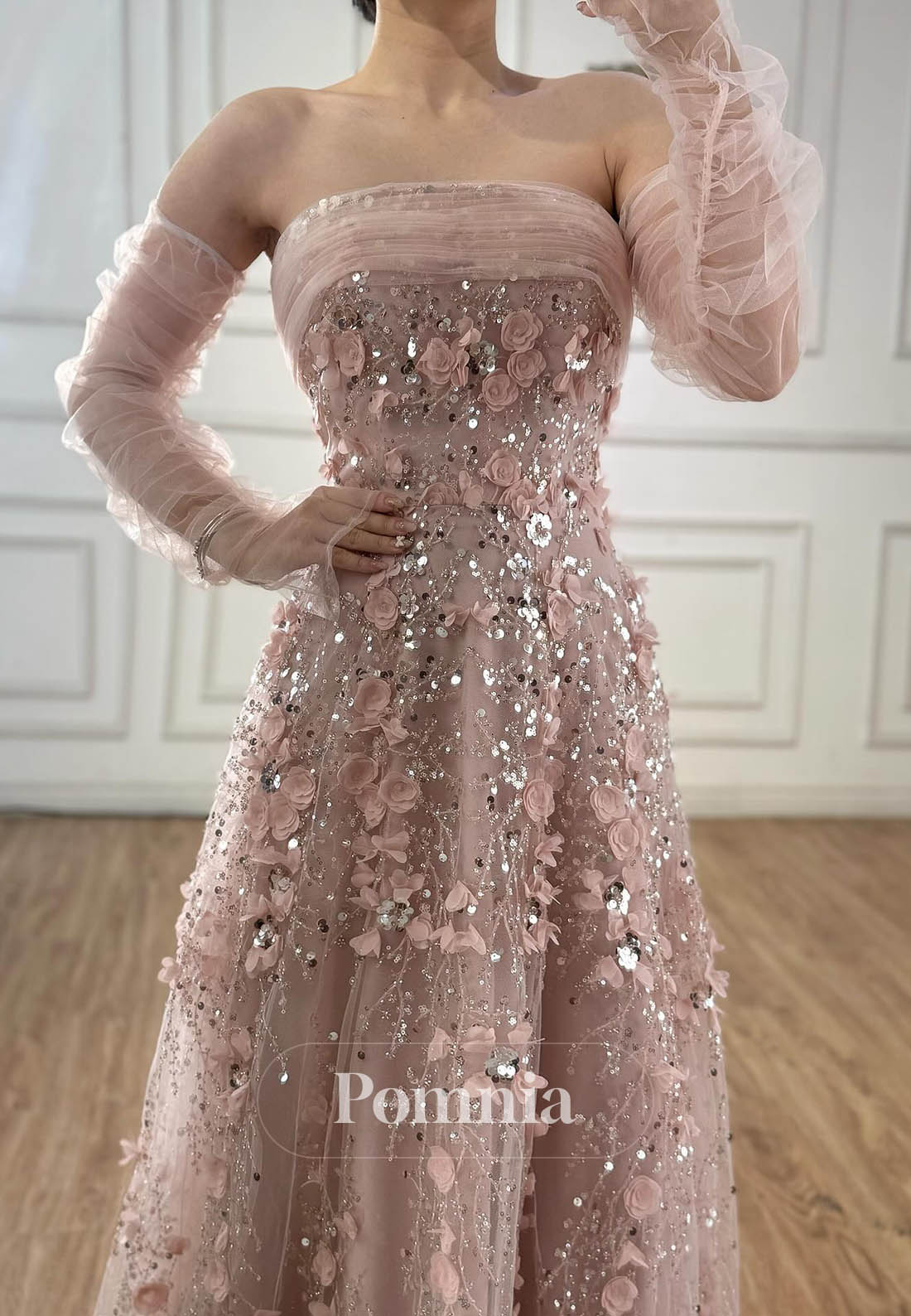Blushing Pink Off-Shoulder Floral Appliques A-Line Prom Dress