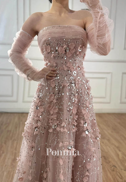Blushing Pink Off-Shoulder Floral Appliques A-Line Prom Dress