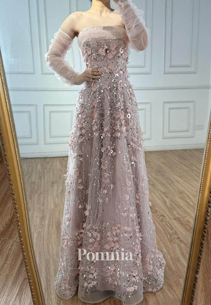 Blushing Pink Off-Shoulder Floral Appliques A-Line Prom Dress