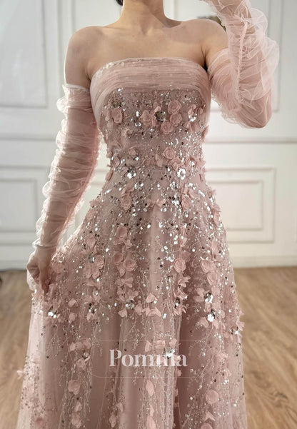 Blushing Pink Off-Shoulder Floral Appliques A-Line Prom Dress