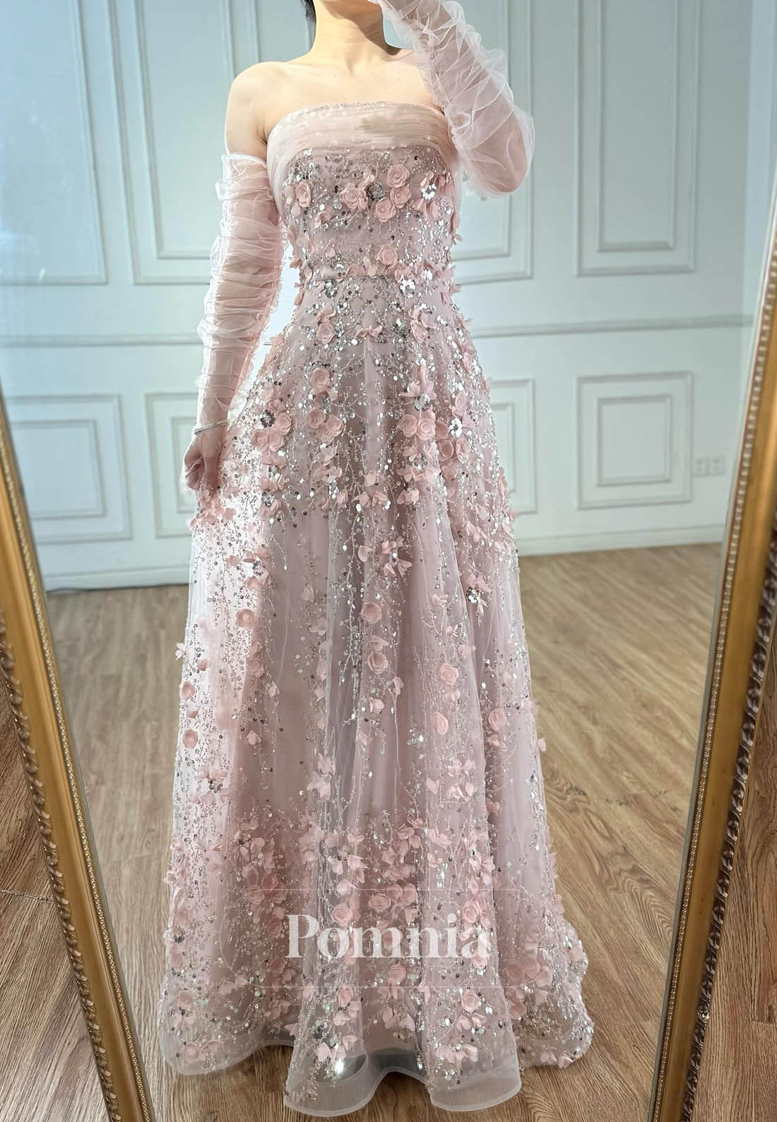 Blushing Pink Off-Shoulder Floral Appliques A-Line Prom Dress