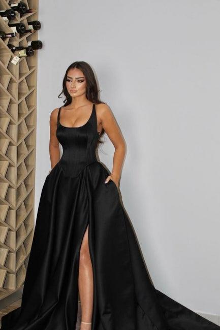 Sexy spaghetti straps sleeveless a-line satin evening dress