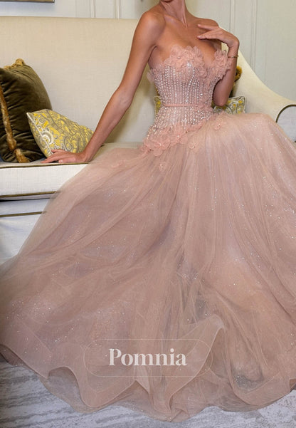 Blushing Pink Sleeveless Strapless Appliques Lace Prom Dress