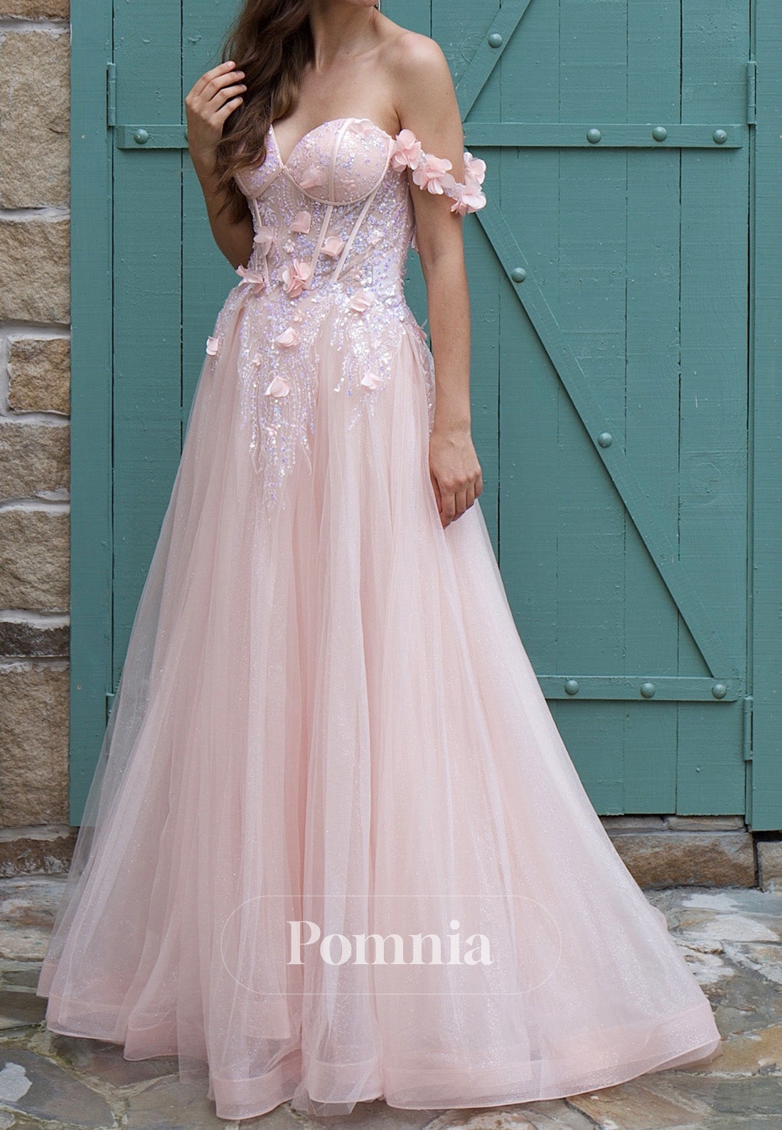 Blushing Pink Sweetheart Sleeveeless Floral Appliques Prom Dress