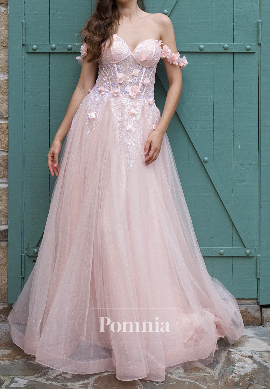 Blushing Pink Sweetheart Sleeveeless Floral Appliques Prom Dress