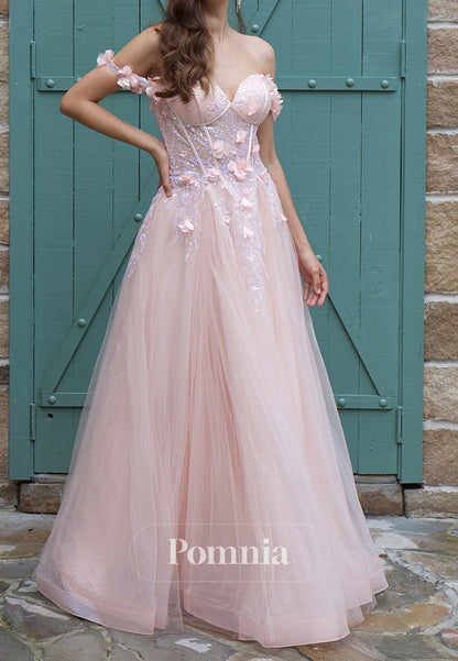 Blushing Pink Sweetheart Sleeveeless Floral Appliques Prom Dress