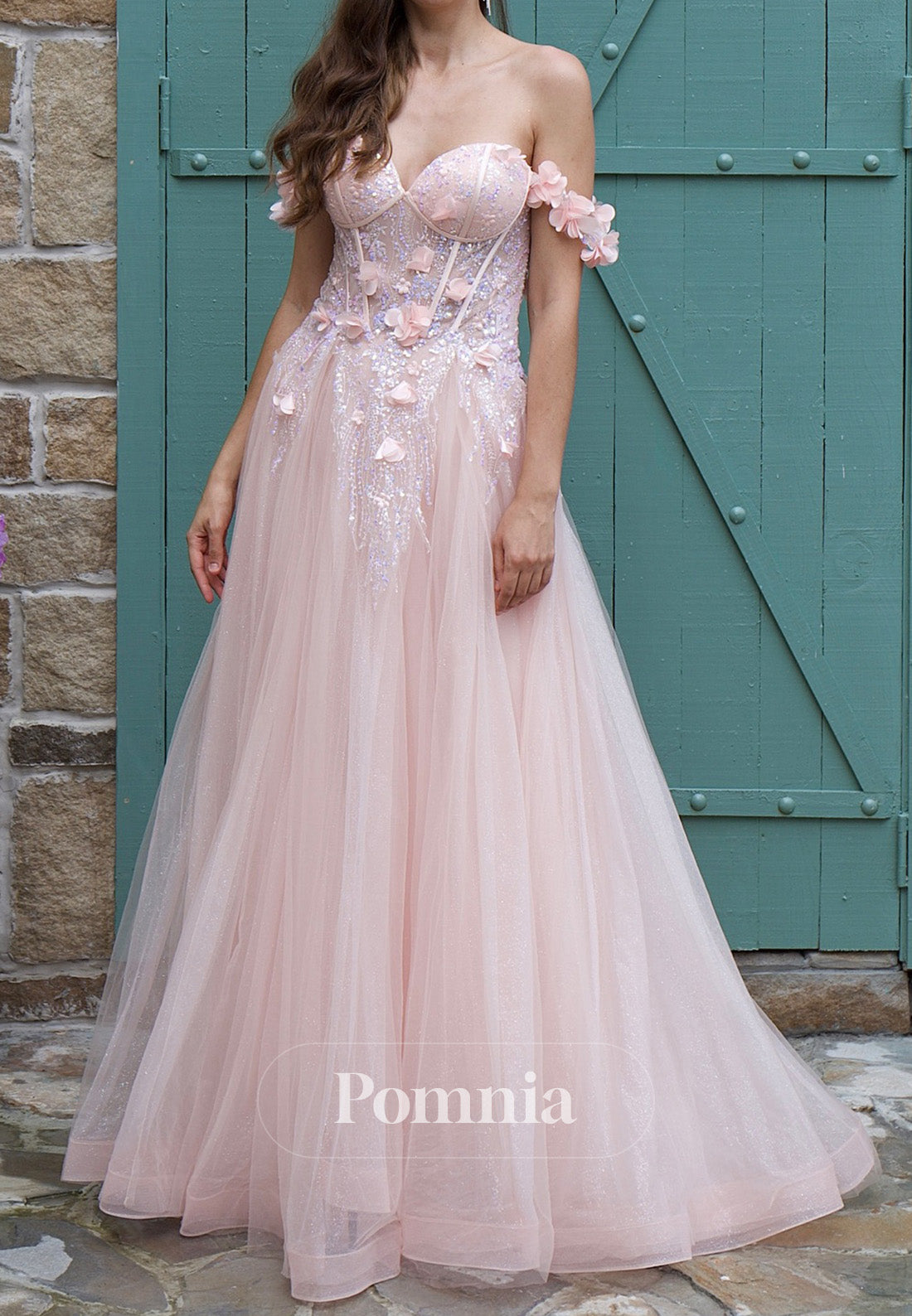Blushing Pink Sweetheart Sleeveeless Floral Appliques Prom Dress