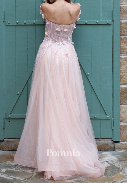 Blushing Pink Sweetheart Sleeveeless Floral Appliques Prom Dress