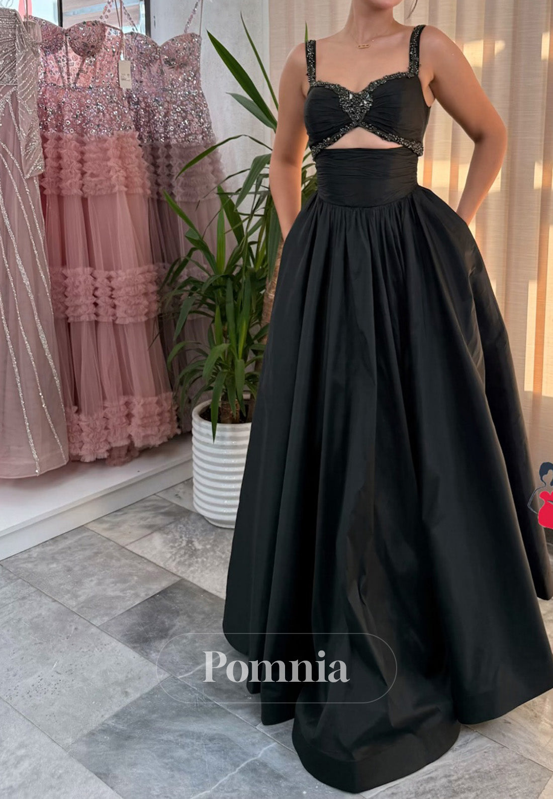 Black Spaghetti Straps Sweetheart A-Line Prom Dress