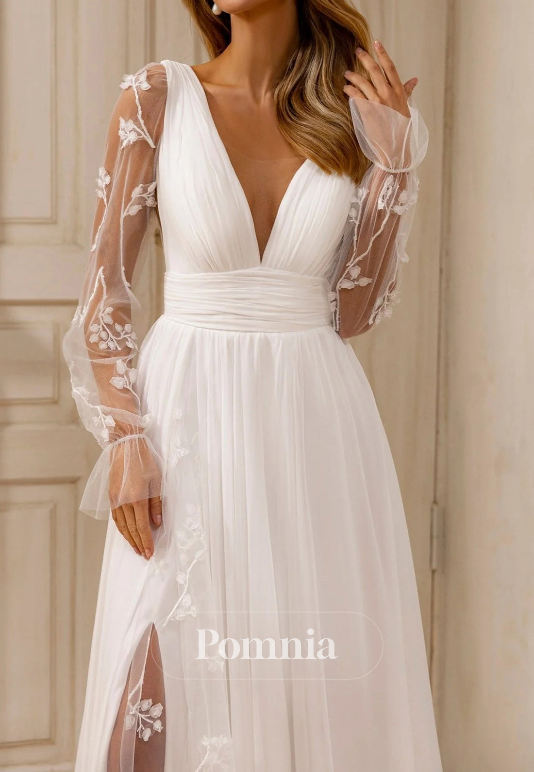 Deep V-Neck Floral Accents and Graceful Train Wedding Dress