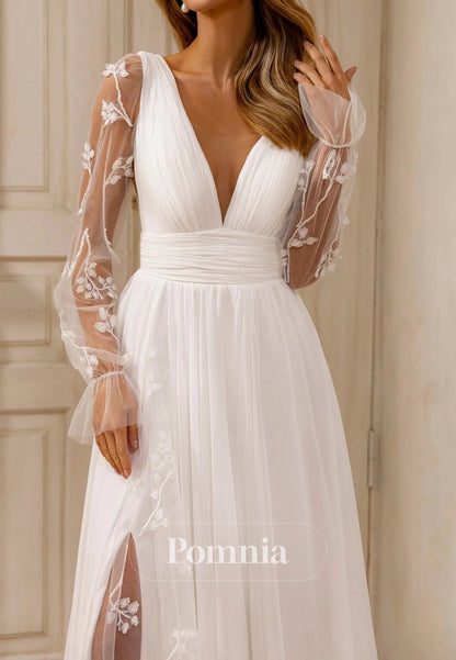 Deep V-Neck Floral Accents and Graceful Train Wedding Dress