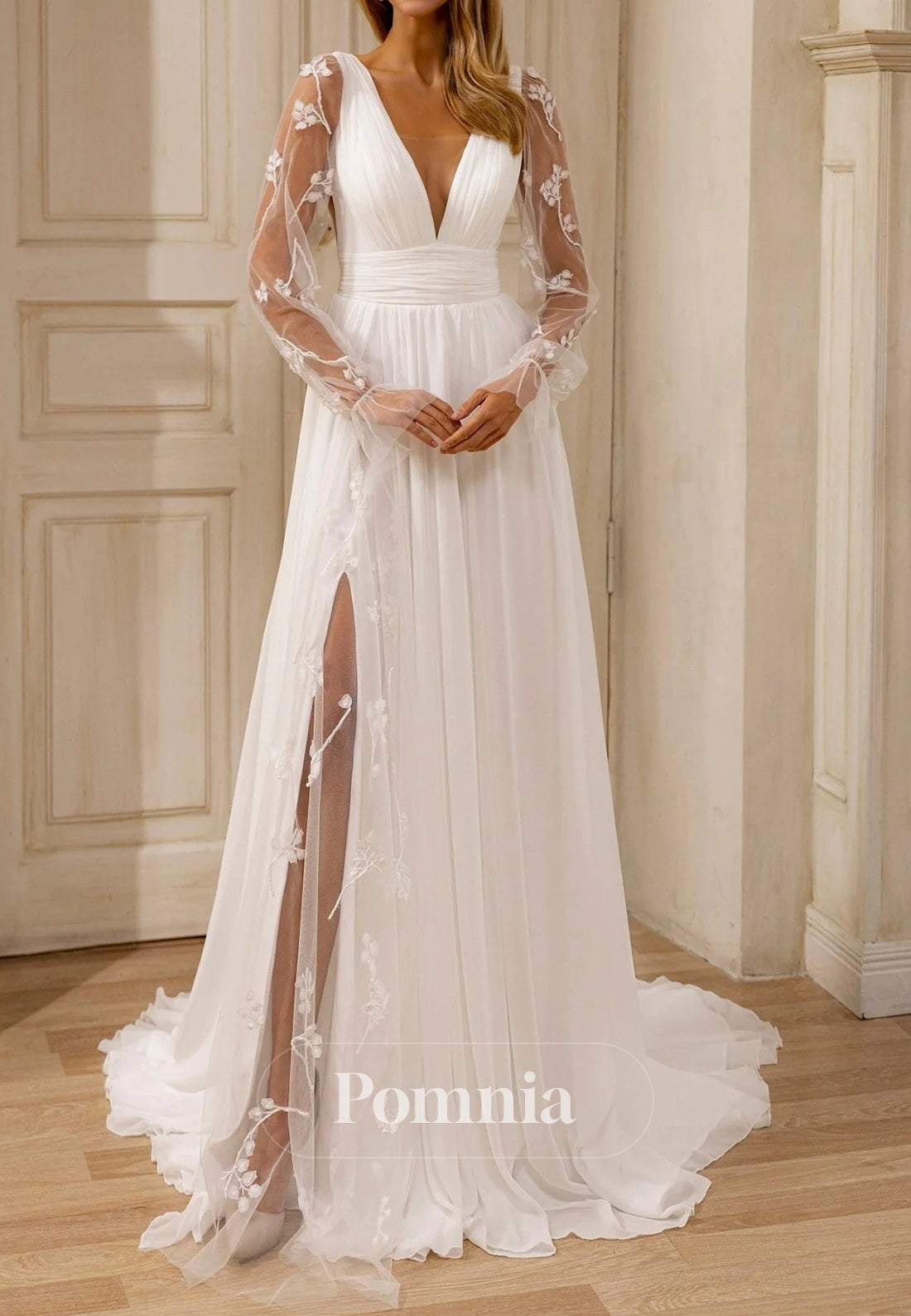 Deep V-Neck Floral Accents and Graceful Train Wedding Dress