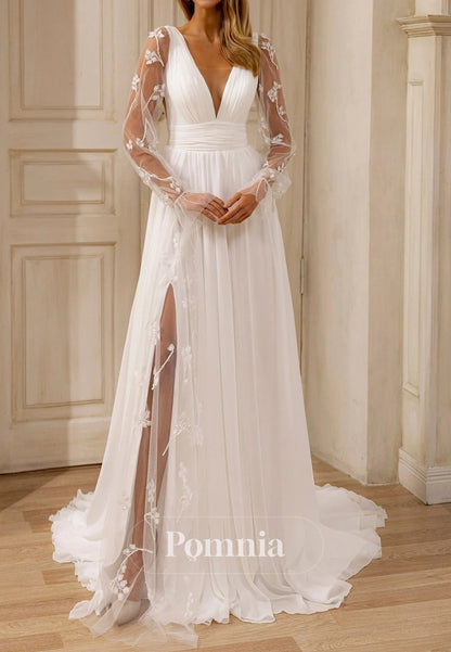 Deep V-Neck Floral Accents and Graceful Train Wedding Dress