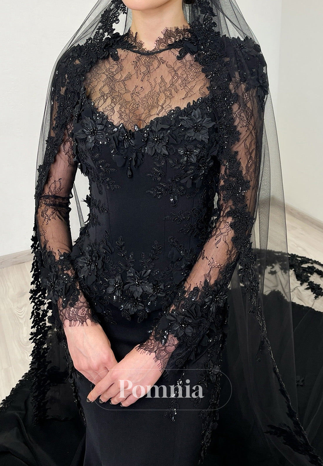Black Long Sleeves Long Sleeves Floral Appliques Sweep Train Wedding Dress