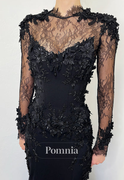 Black Long Sleeves Long Sleeves Floral Appliques Sweep Train Wedding Dress