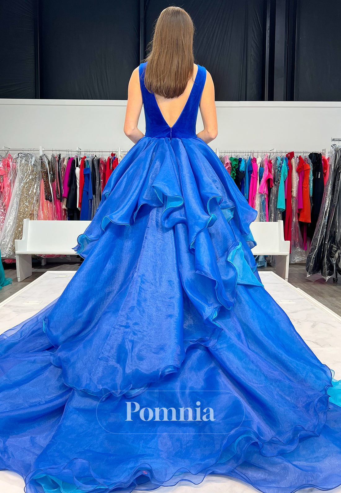 Royal Blue Spaghetti Straps V-Neck Ruffles Prom Dress