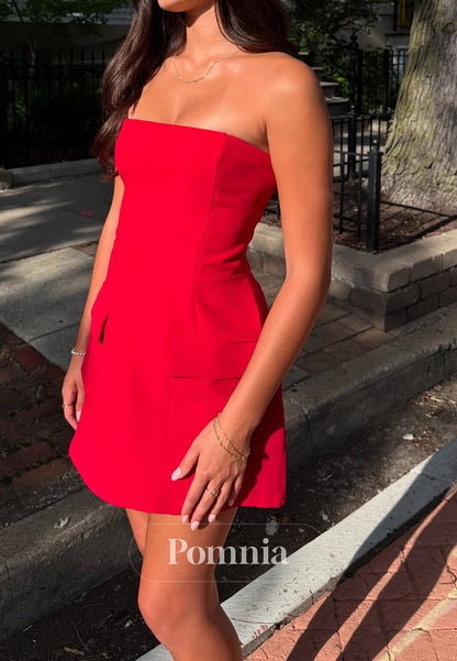 Red Sleeveless Strapless Satin Homecoming Dress