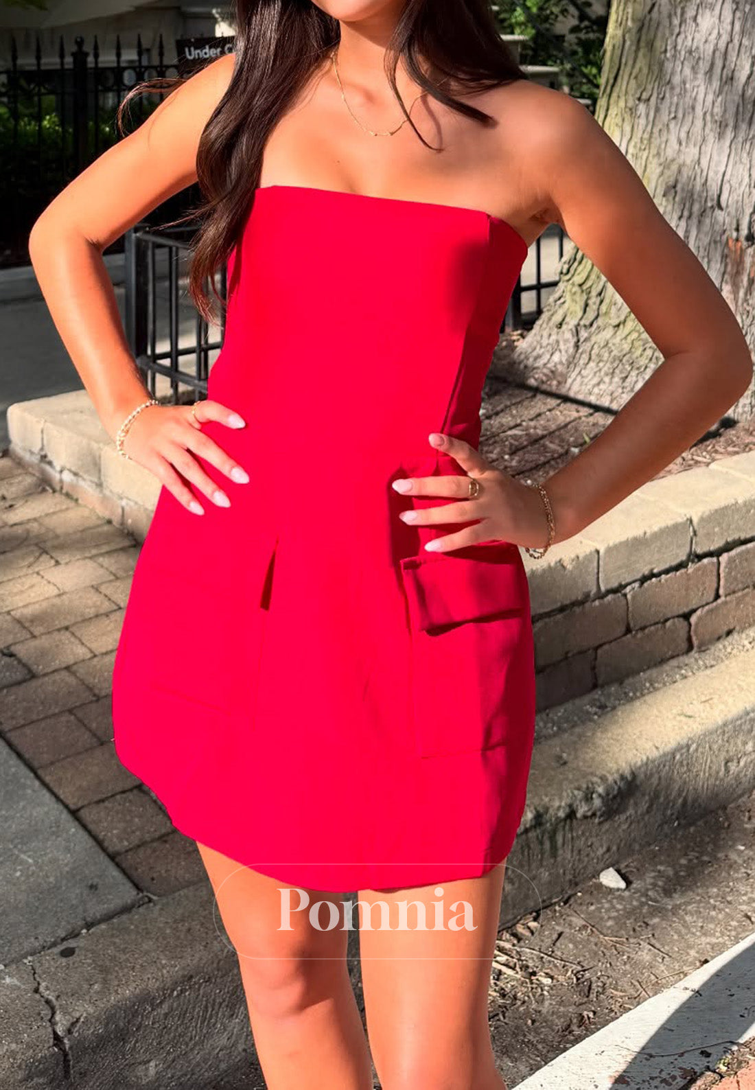 Red Sleeveless Strapless Satin Homecoming Dress