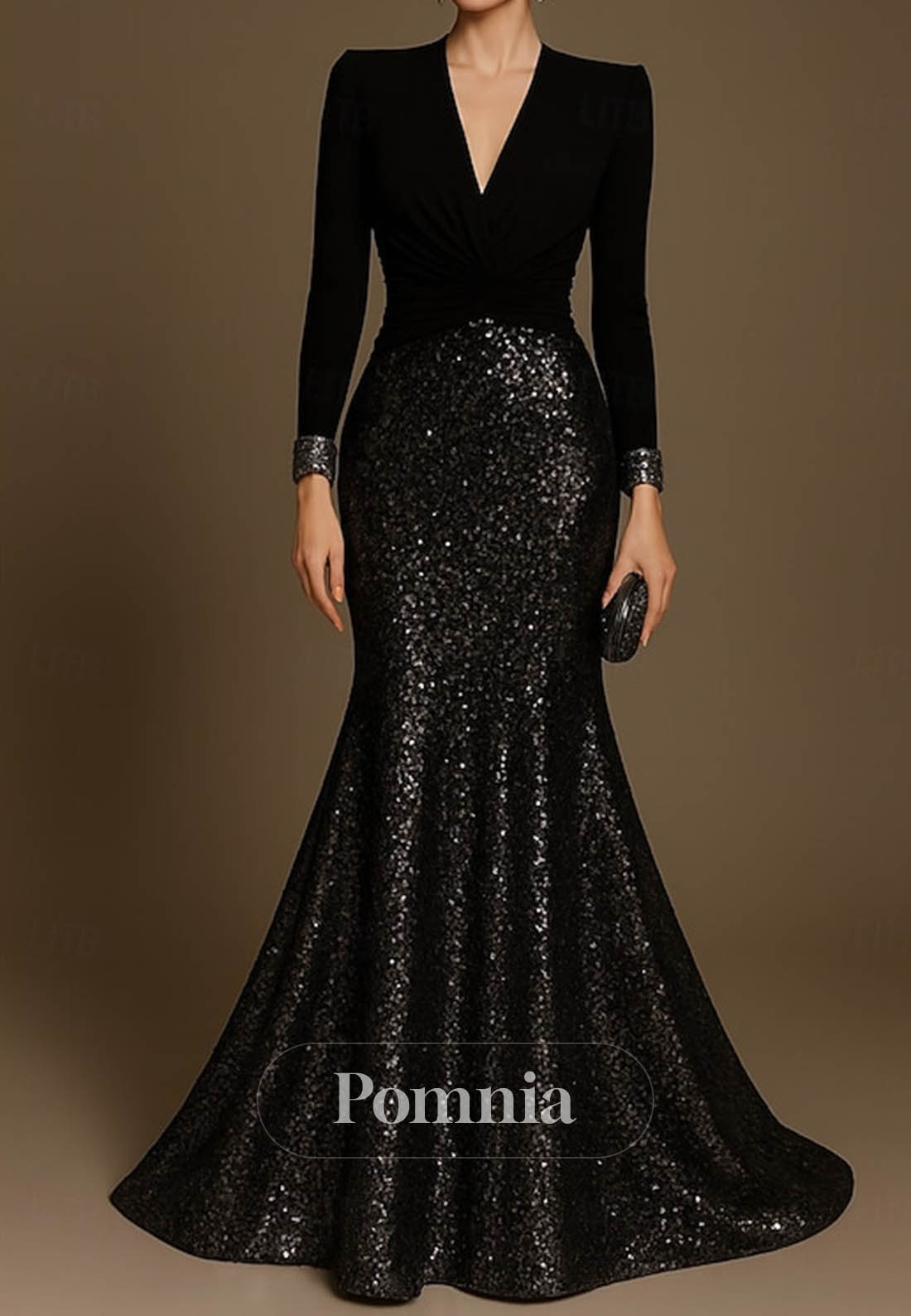 Trumpet Floor Length Evening Dress V Neck Sequined with Glitter