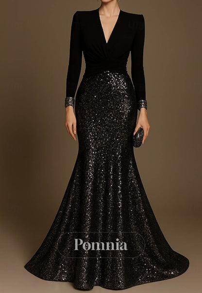 Trumpet Floor Length Evening Dress V Neck Sequined with Glitter