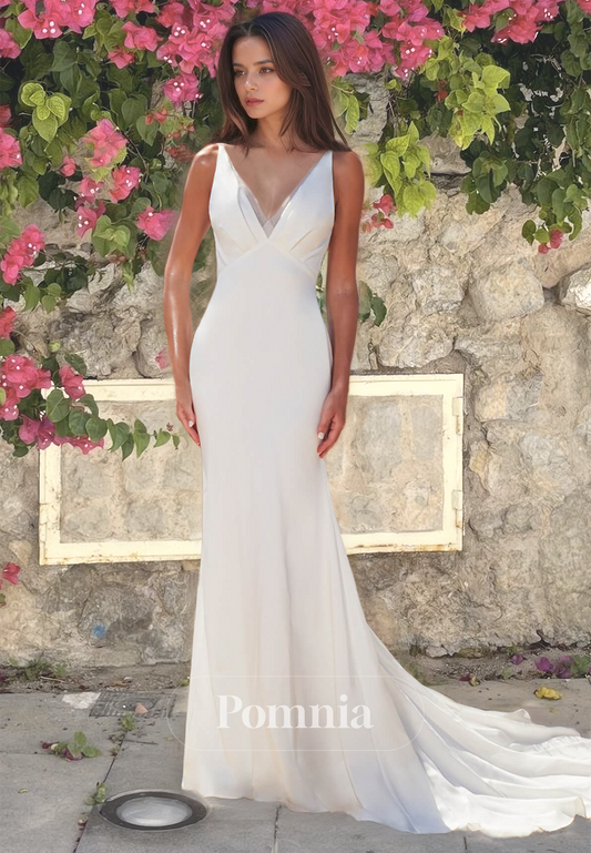 Simple Mermaid V-Neck Spaghetti Straps Backless  Sweep Train Beach Wedding Dress