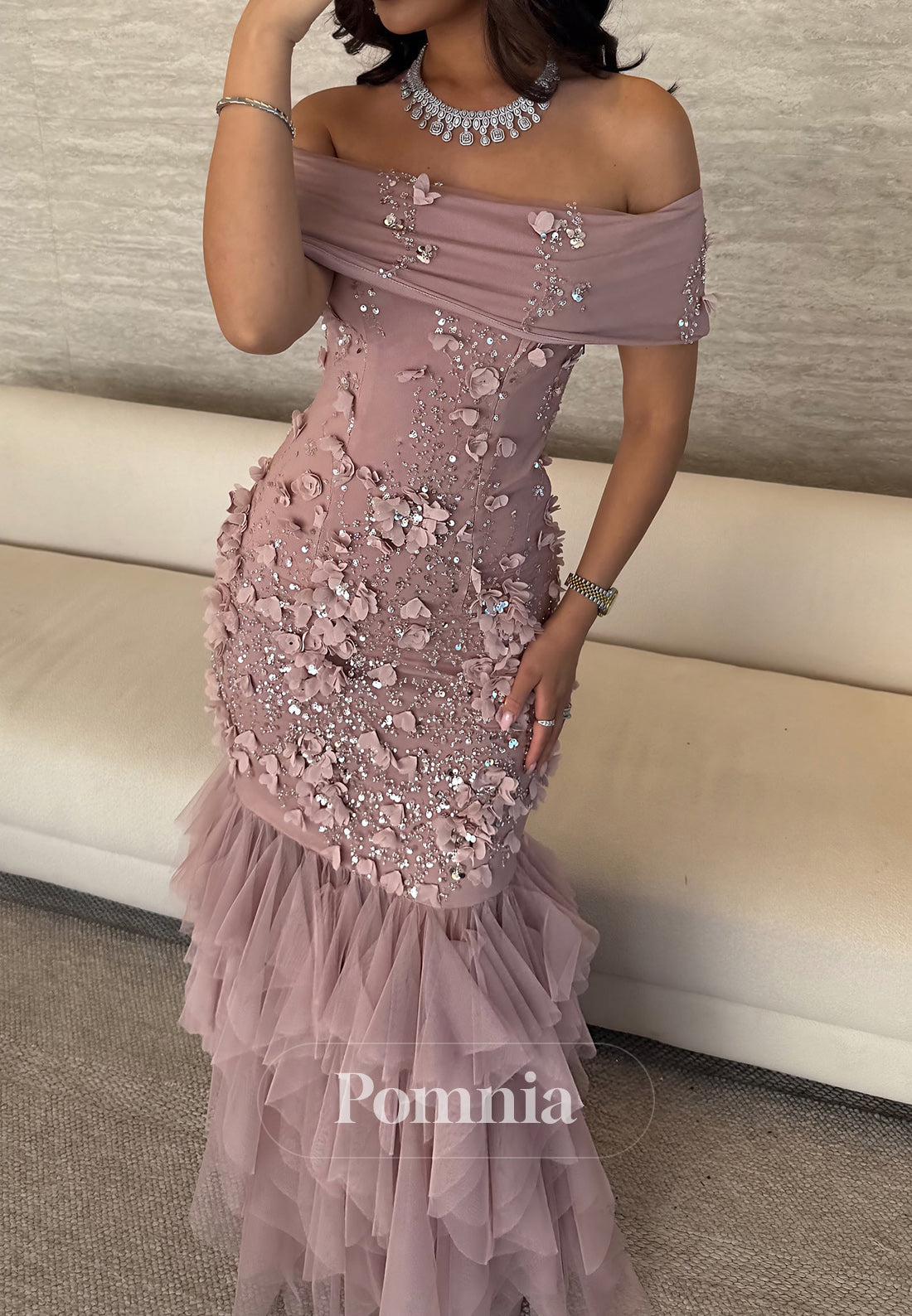Charming Off-Shoulder Sequins Ruffles Evening Dress