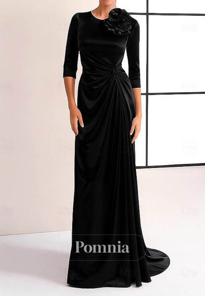 Velvet Long Sleeves Scoop Ruched Evening Dress