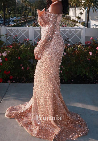 Blushing Pink Long Sleeves Sweetheart Sequins Prom Dress for Black Girl