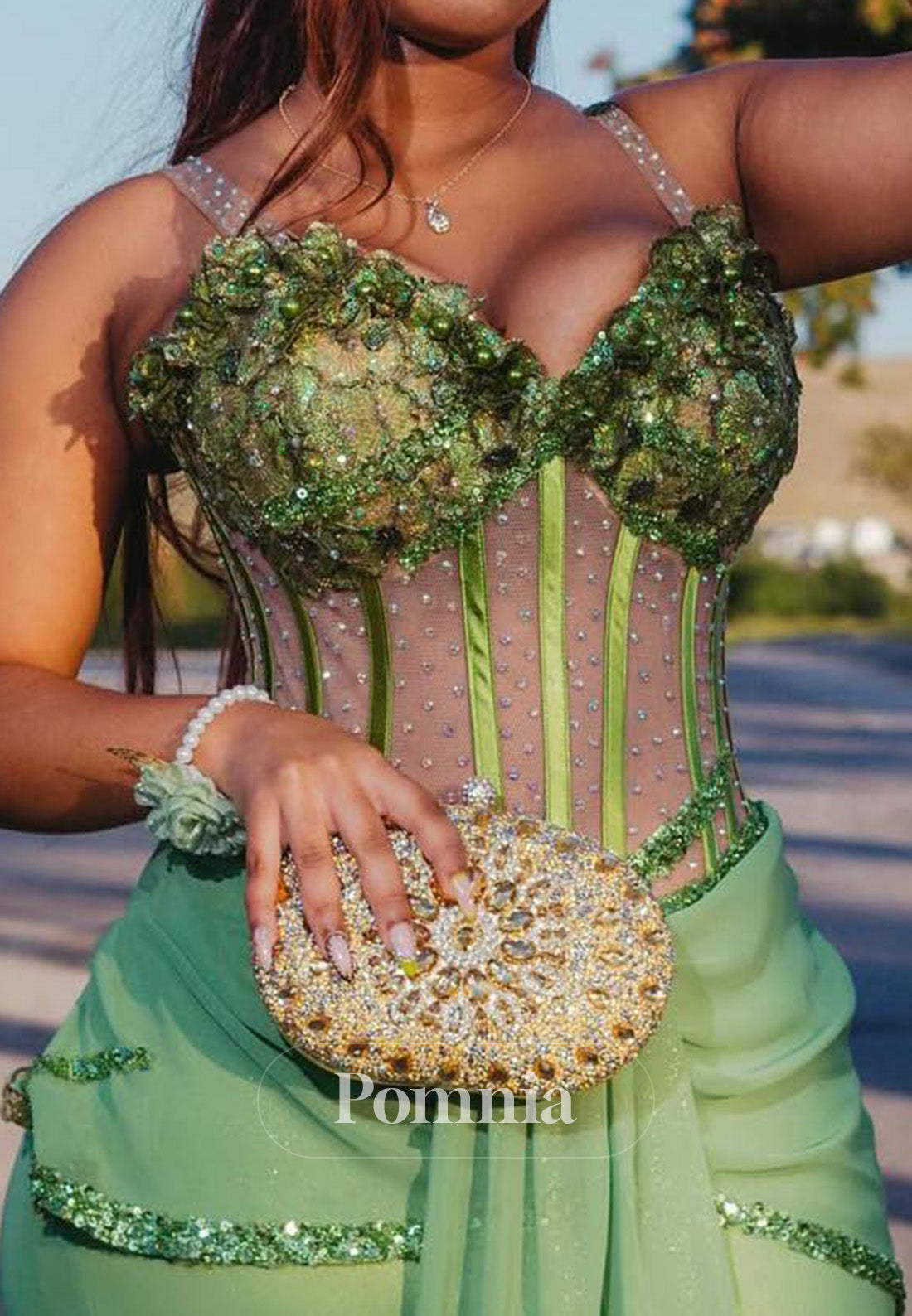 Dusty Sage Sleeveless Strapless Corset Tulle Prom Dress for Black Girl