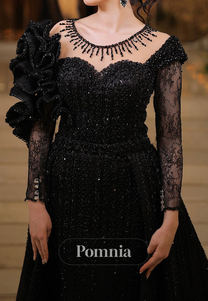 Sparkly Long Sleeves Scoop Appliques Sequins Evening Dress