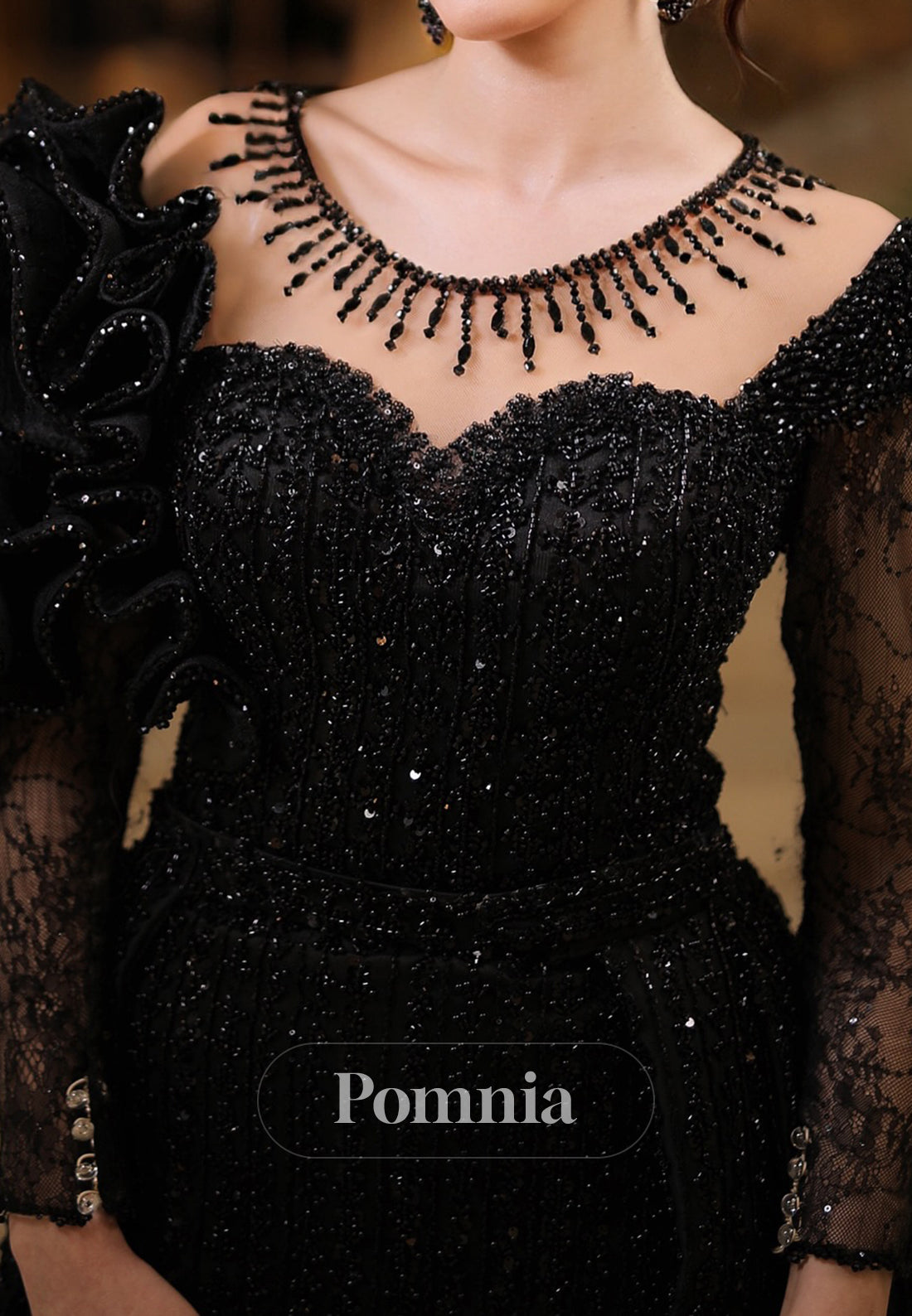 Sparkly Long Sleeves Scoop Appliques Sequins Evening Dress