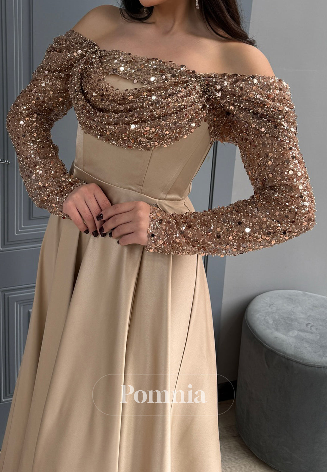 Charming A-Line Long Sleeves Off-Shoulder Ruched Prom Dress