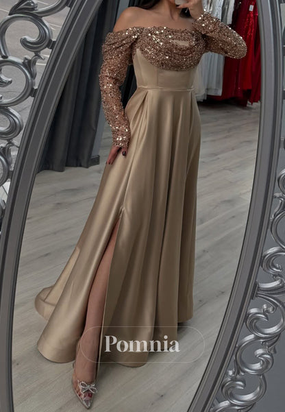 Charming A-Line Long Sleeves Off-Shoulder Ruched Prom Dress