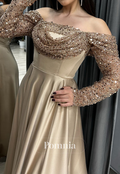 Charming A-Line Long Sleeves Off-Shoulder Ruched Prom Dress
