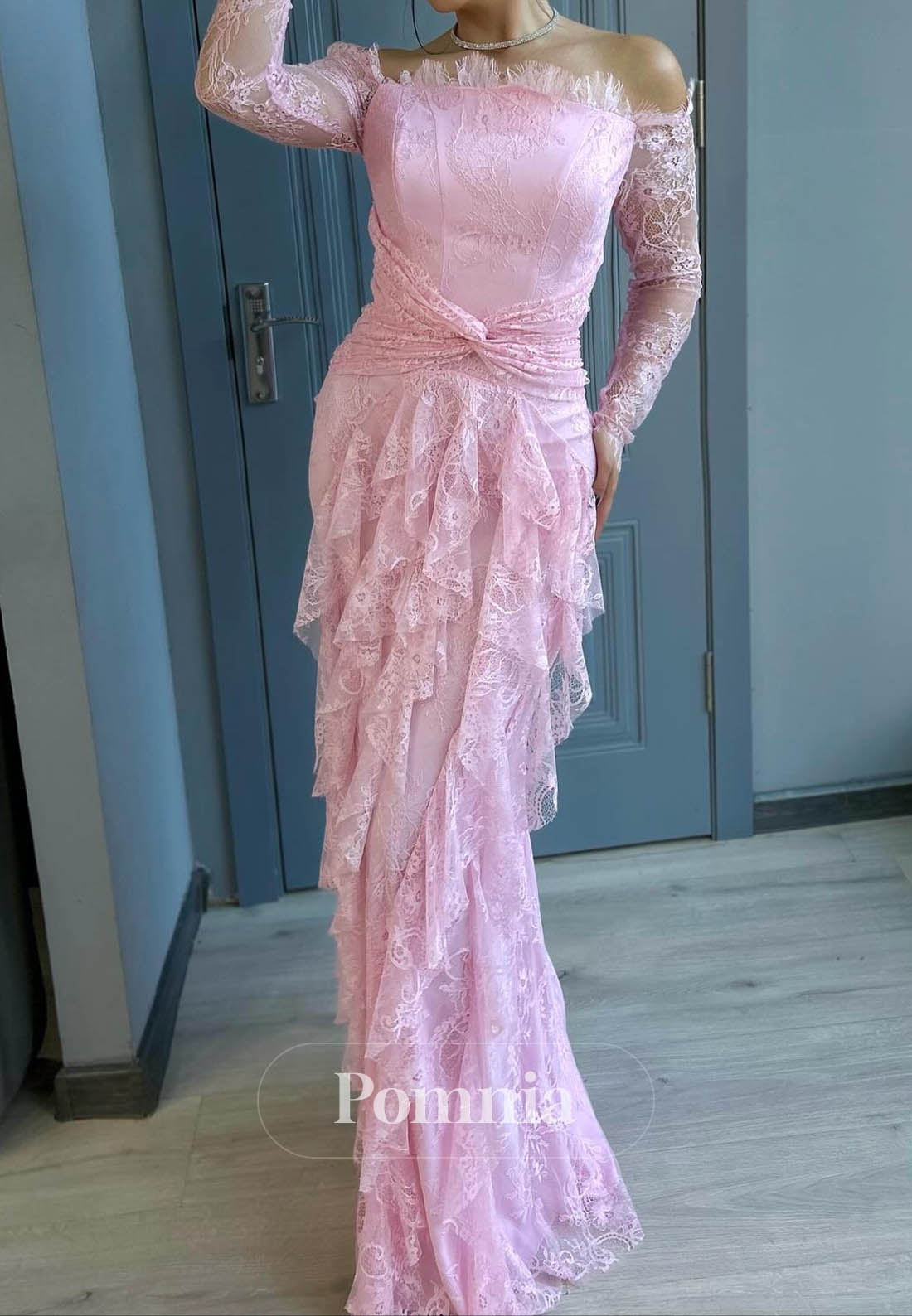 Blushing Pink Off-Shoulder Ruffles A-Line Prom Dress