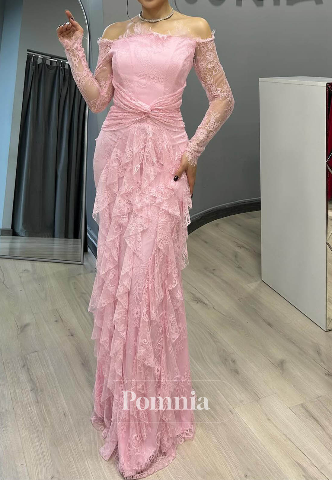 Blushing Pink Off-Shoulder Ruffles A-Line Prom Dress