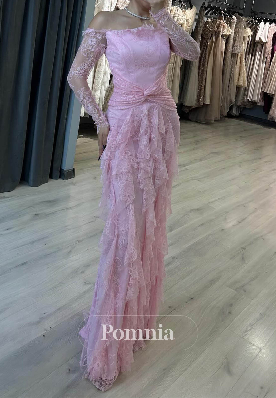 Blushing Pink Off-Shoulder Ruffles A-Line Prom Dress