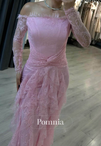 Blushing Pink Off-Shoulder Ruffles A-Line Prom Dress