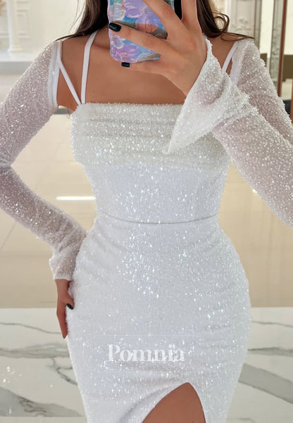 White Long Sleeves Square Slit Sequins Prom Dress