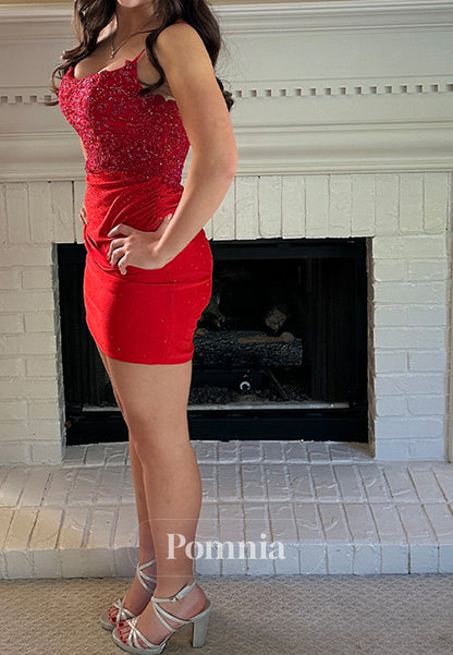 Red Spaghetti Straps Sweetheart Ruched Mini Homecoming Dress