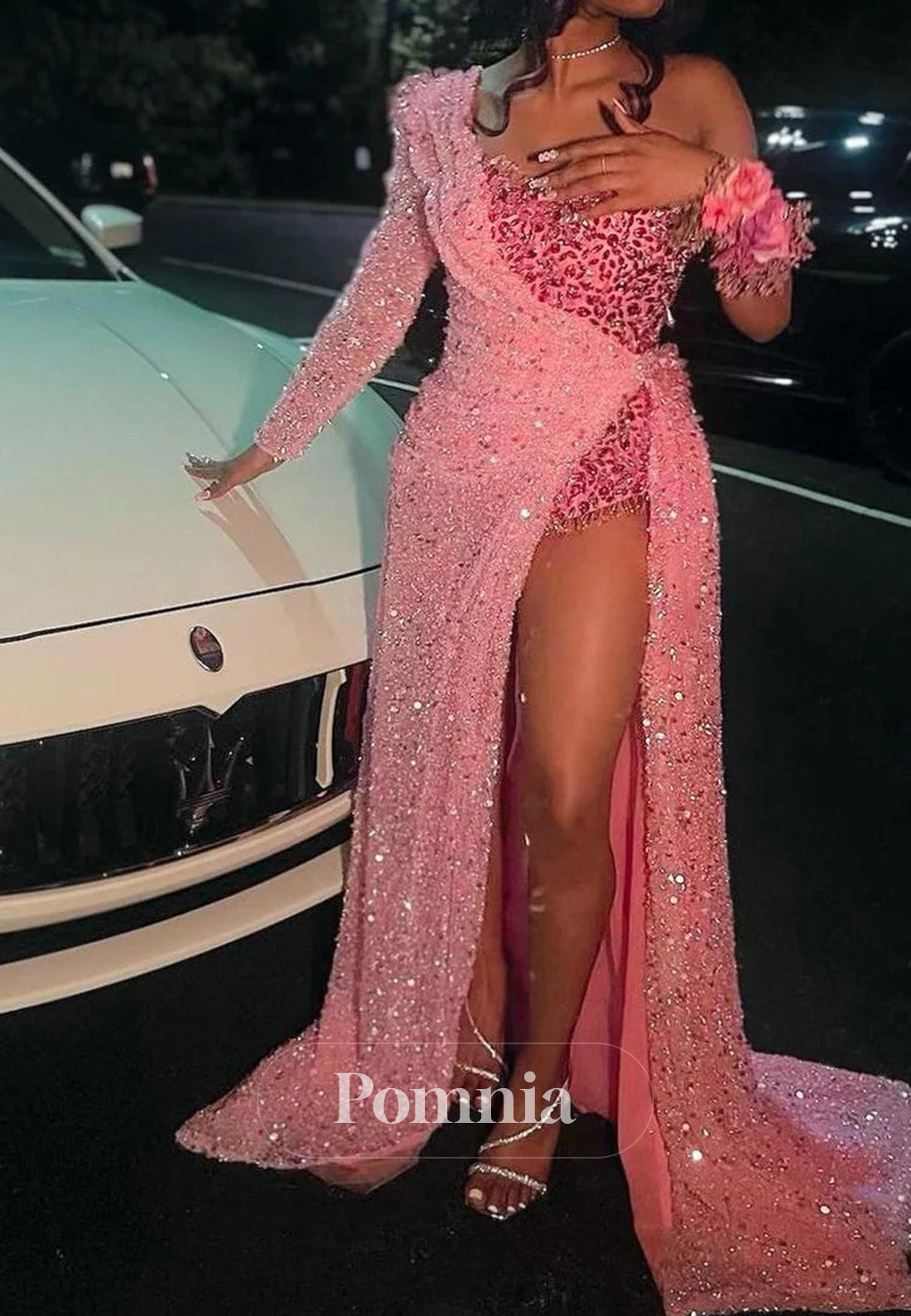 Strapless One Shoulder Sequins Chapel Train Front Side Prom Dress