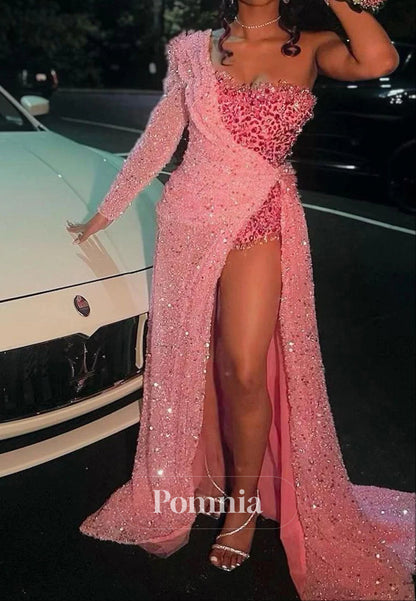 Strapless One Shoulder Sequins Chapel Train Front Side Prom Dress