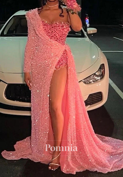 Strapless One Shoulder Sequins Chapel Train Front Side Prom Dress