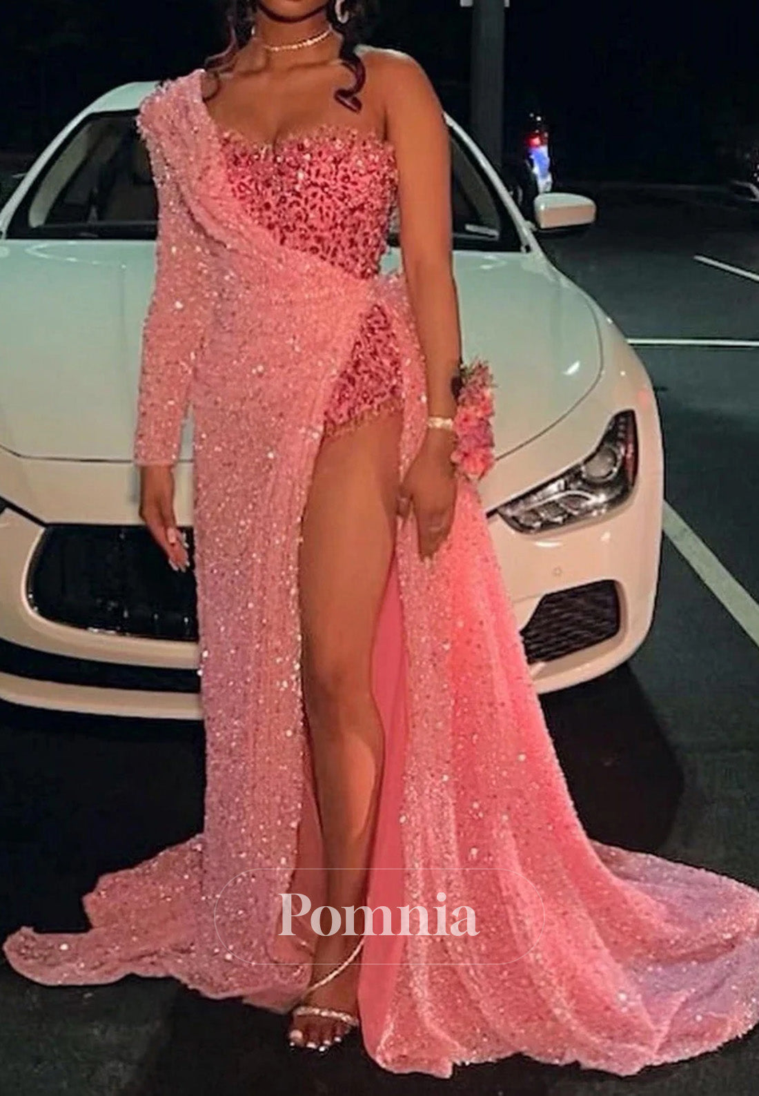 Strapless One Shoulder Sequins Chapel Train Front Side Prom Dress