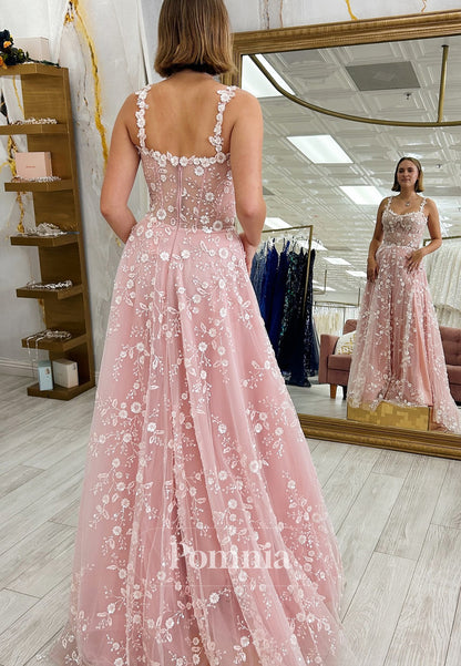 Blushing Pink A-Line Spaghetti Straps Scoop Floral Appliques Prom Dress