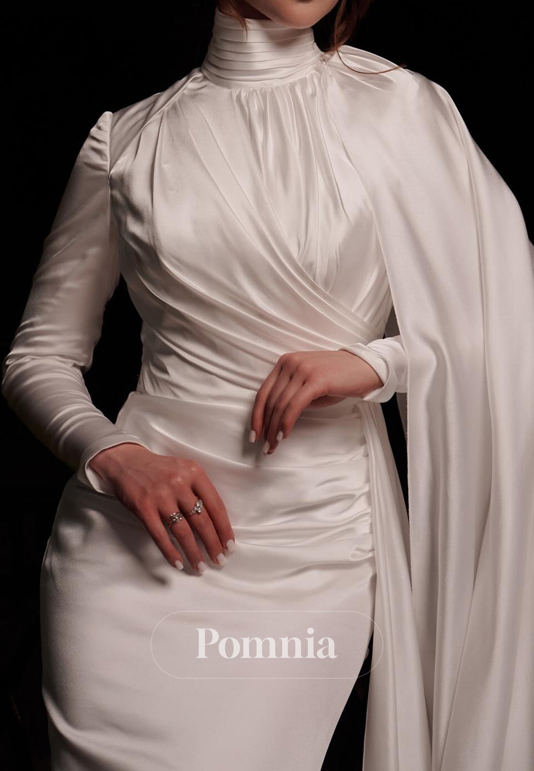 High Neck Long Sleeves Ruched Sheath Satin Wedding Dress