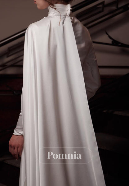 High Neck Long Sleeves Ruched Sheath Satin Wedding Dress