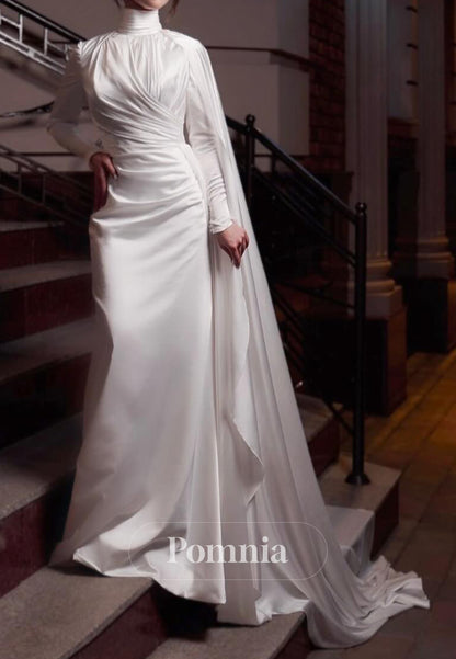 High Neck Long Sleeves Ruched Sheath Satin Wedding Dress