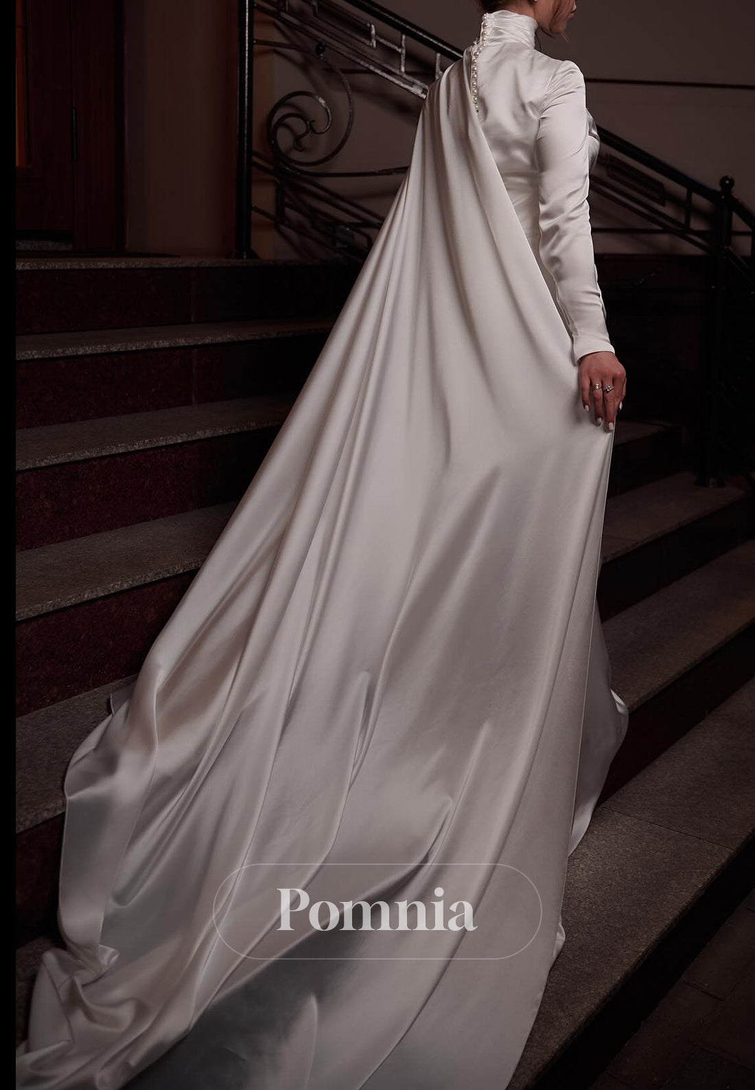 High Neck Long Sleeves Ruched Sheath Satin Wedding Dress