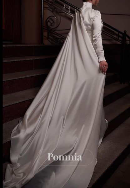 High Neck Long Sleeves Ruched Sheath Satin Wedding Dress
